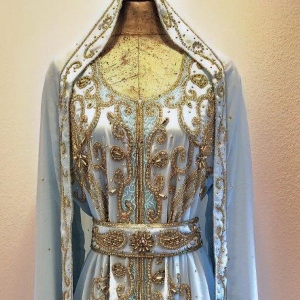 Hand Embroidered Moroccan Caftan (Takchita), Crystal Beading, Belt, and Scarf